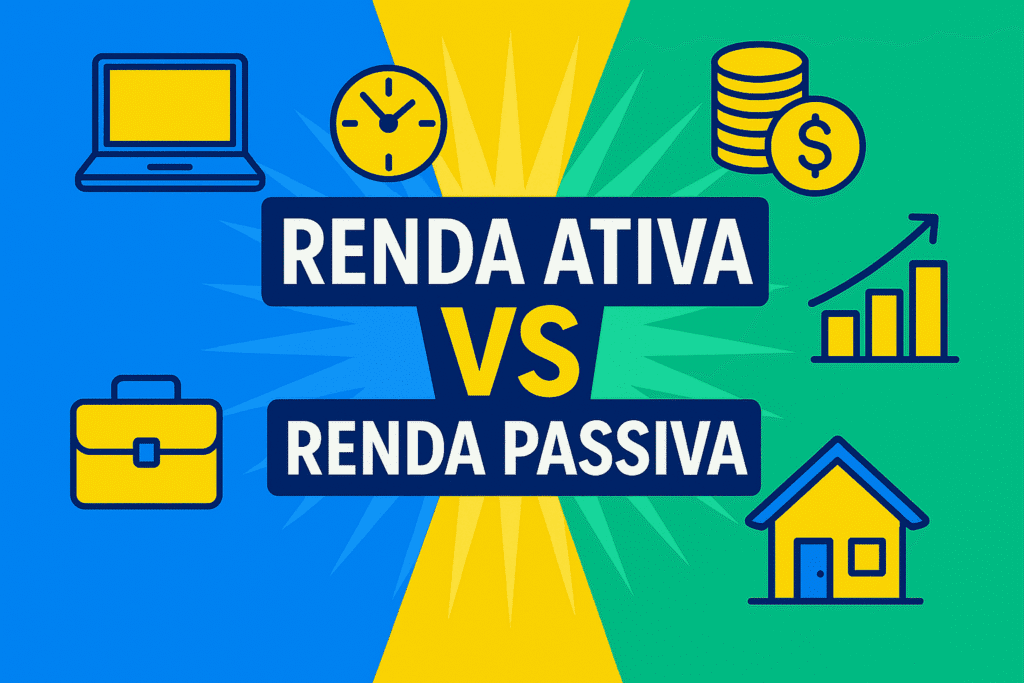 Renda ativa vs renda passiva;
O que é renda ativa;
O que é renda passiva;
Exemplos de renda ativa e renda passiva;
Diferença entre renda ativa e passiva;
Como construir renda passiva;
Renda passiva com investimentos.
