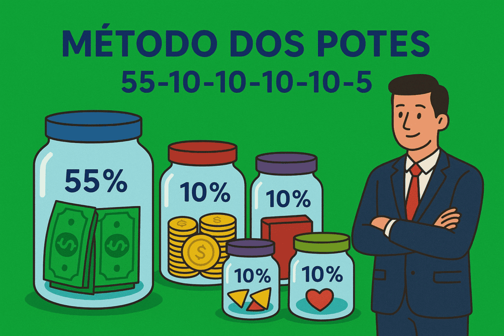 Método dos potes;
Método 55-10-10-10-10-5;
Organização financeira;
Planejamento financeiro pessoal;
Como organizar o salário;
Controle de gastos;
Divisão do salário;
Como administrar o dinheiro;
Educação financeira;
Reserva de emergência;
Aposentadoria financeira;
Investimentos a longo prazo;
Equilíbrio entre lazer e finanças;
Finanças pessoais;
Independência financeira;
Dicas de finanças;
Saúde financeira;
Como evitar dívidas;
Como aplicar o método dos potes no dia a dia;
Qual a melhor forma de dividir o salário;
Como controlar o orçamento mensal com o método dos potes;
Como guardar dinheiro para aposentadoria;
Como equilibrar lazer e organização financeira;
Como montar uma reserva de emergência; e
Dicas práticas para administrar o salário.